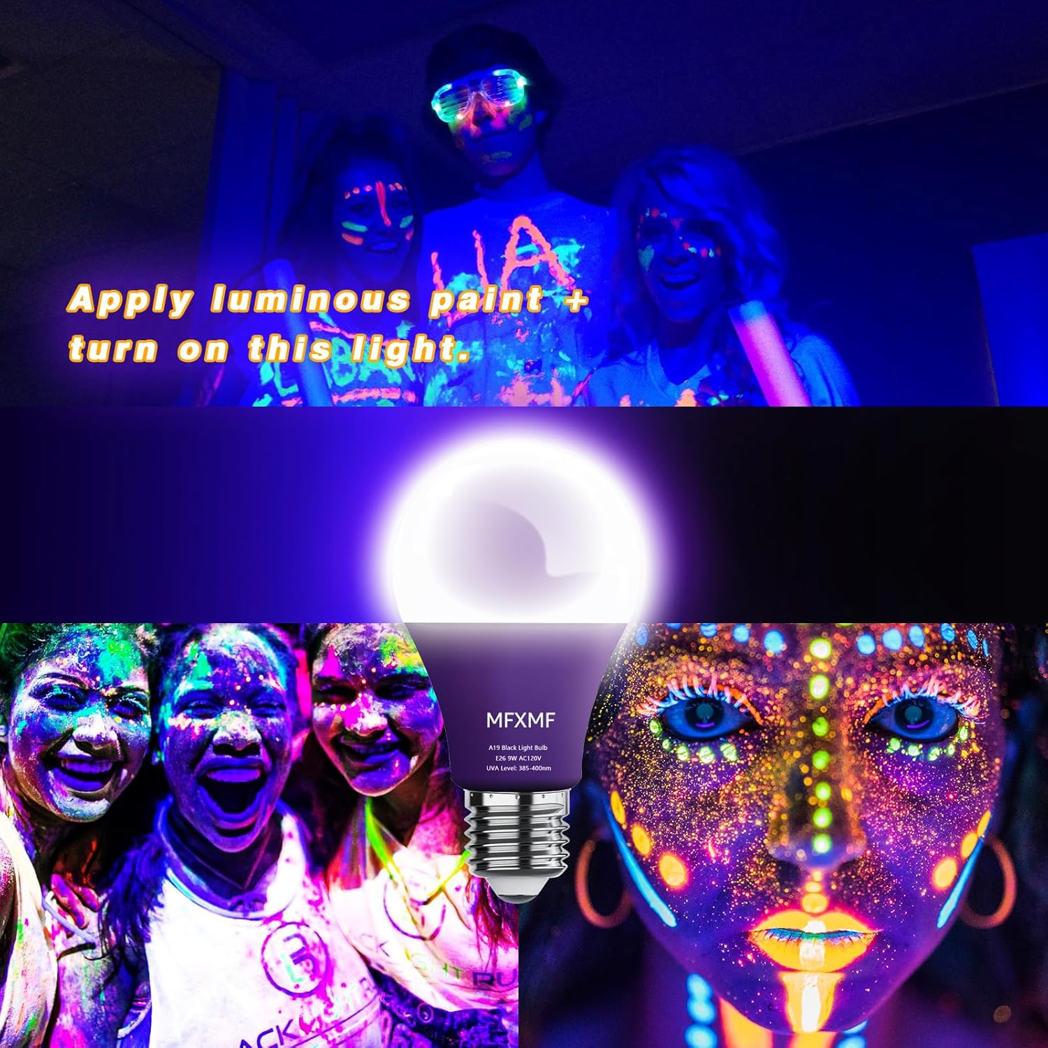 4 Pack A19 LED Black Light Bulbs,9W (100W Equivalent) E26 Base Dimmable Black Lights, UVA Level 385-400NM, Halloween Light Bulbs,Glow in The Dark,Fluorescent Poster, Body Paint,Neon Glow Party
